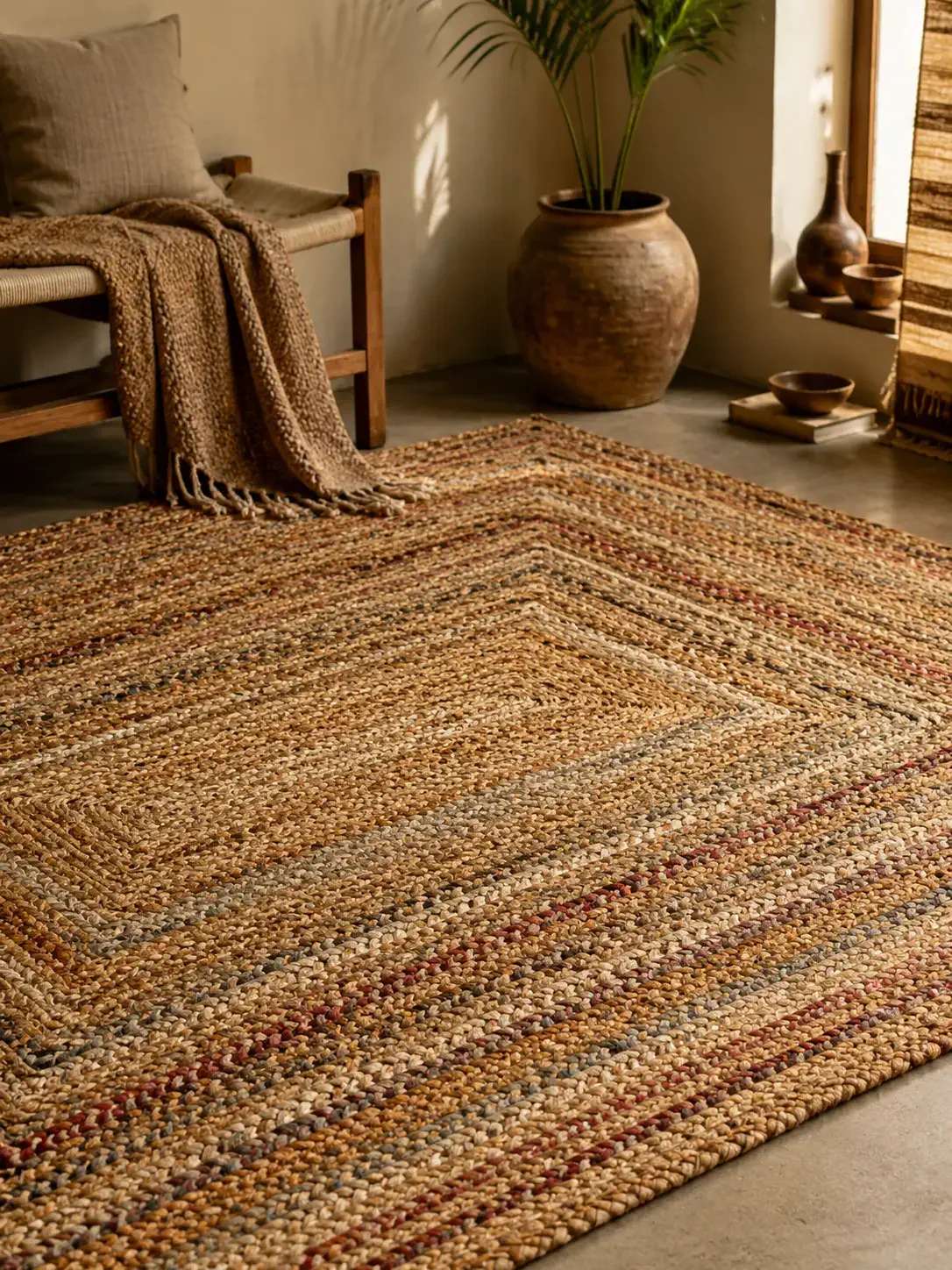 Hand-braided chindi rug in earth tones and warm textile texture